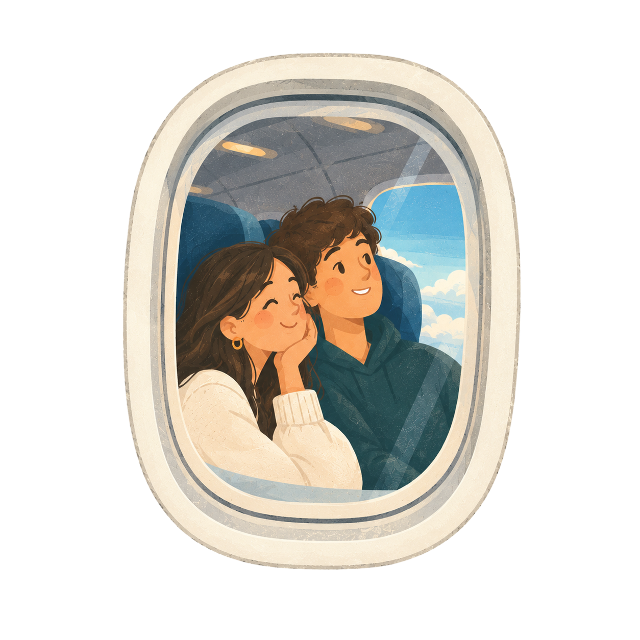 Pareja sonriendo en la ventanilla de un avión de vuelta a casa