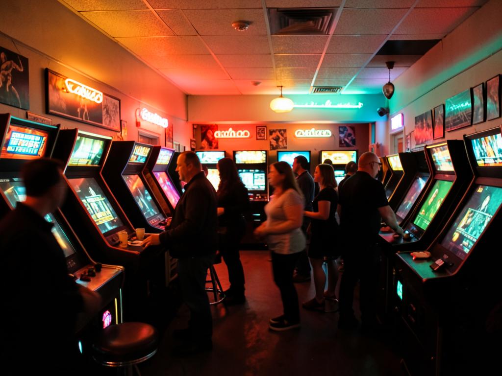 Salón arcade con máquinas retro iluminadas con neones