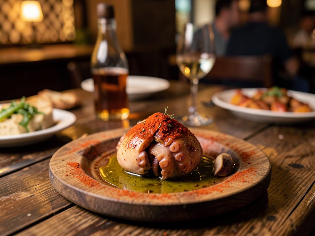 Plato de pulpo a feira con pimentón sobre madera