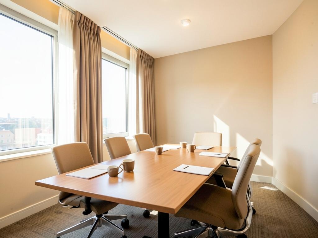 Sala de reuniones luminosa preparada para trabajar en equipo
